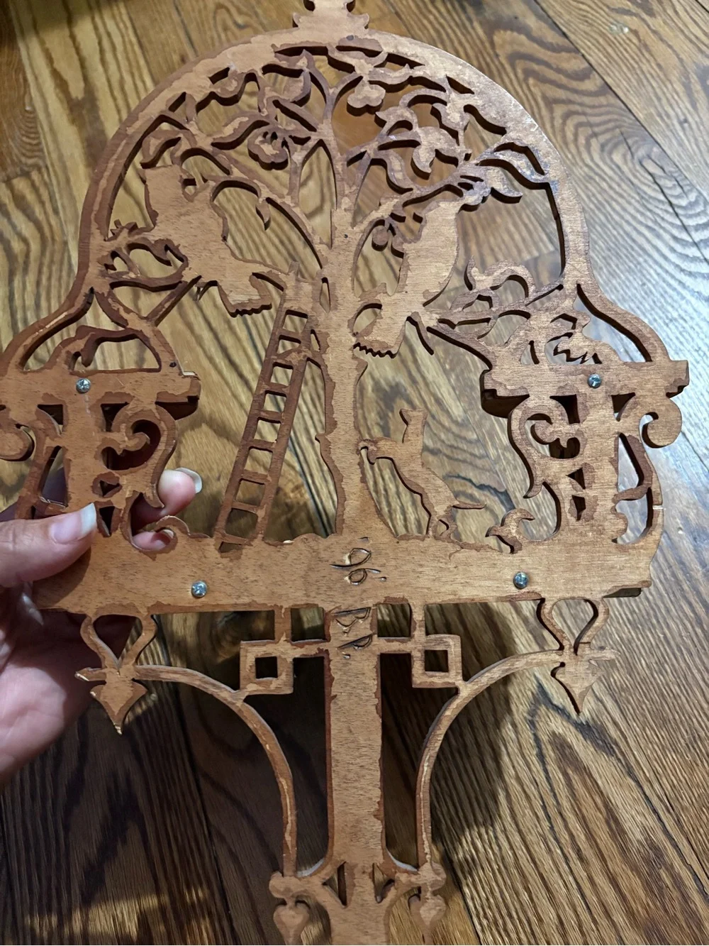 Vintage Brown Wooden Shelf with Folk art Tree & Bird Cutout